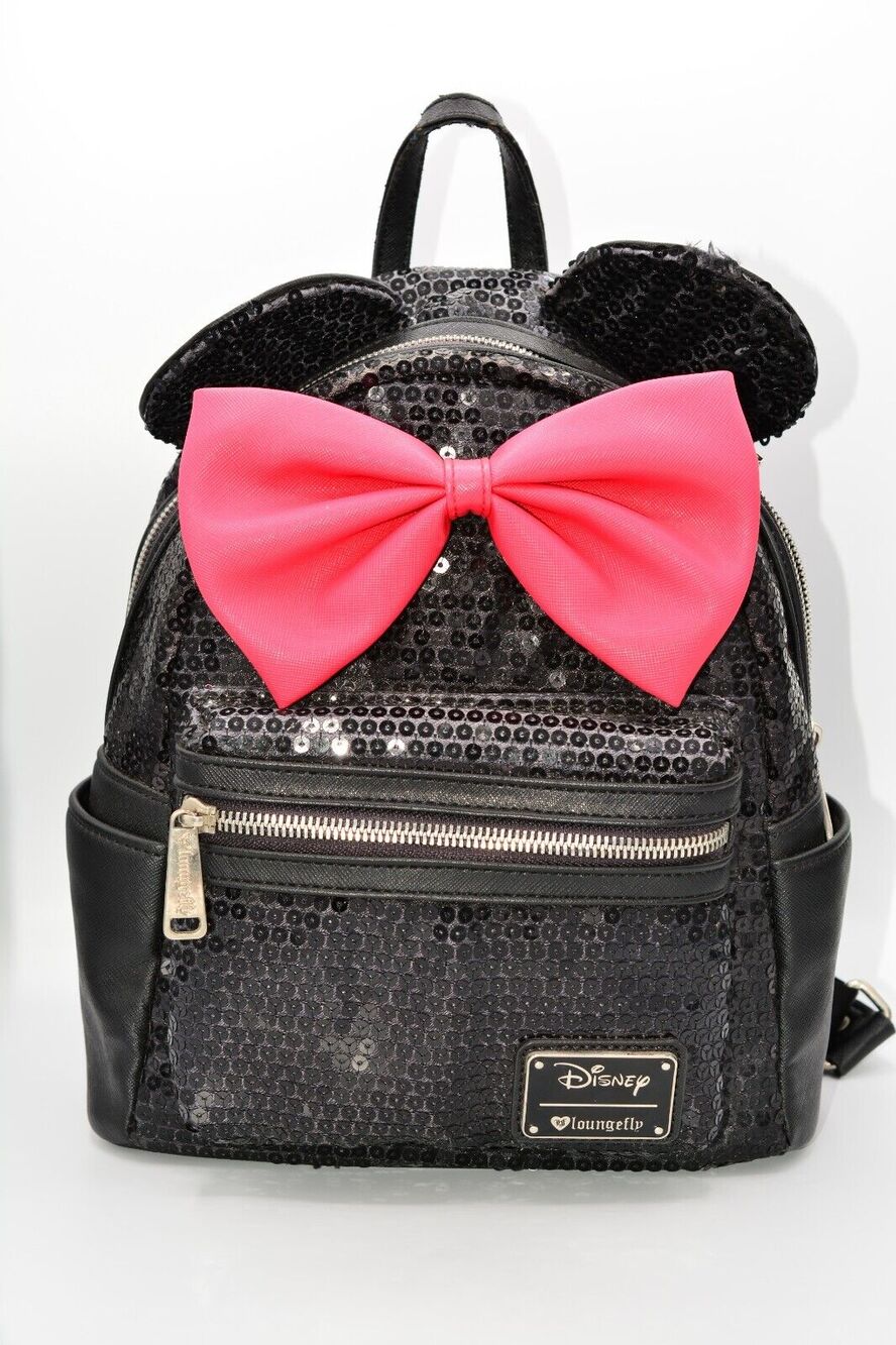 Loungefly Disney Minnie Mouse Sequin Mini Backpack Black Red Bow Used AS IS